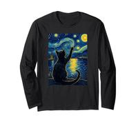 Van Gogh Starry Night Vintage Cat Moonlit Scene Cat Lovers Maglia a Manica
