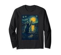 Van Gogh Starry Night Vintage Cat Moonlit Scene Kitty Lovers Maglia a Manica