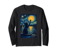Van Gogh Starry Night Vintage Cat Moonlit Scene Kitty Lovers Maglia a Manica