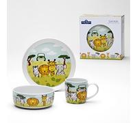 VAN WELL "Safari" - Servizio di stoviglie per bambini, 3 pezzi, in porcellana, motivo: animali, con bicchiere, ciotola e piatto, ideale come regalo