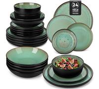 vancasso AMBER Servizio Piatti 24 Pezzi per 6 Persone in Gres Moderni - 6 Piatti Piani, 6 da Dessert, 6 Fondi e 6 Ciotole Cereali - Adatto per Lavastoviglie e Microonde - Smalto Verde