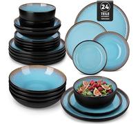 vancasso AMBER Servizio Piatti 24 Pezzi per 6 Persone in Gres Moderni - 6 Piatti Piani, 6 da Dessert, 6 Fondi e 6 Ciotole Cereali - Adatto per Lavastoviglie e Microonde - Smalto Blu
