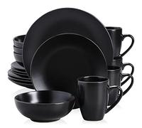 vancasso MODA Servizio da tavola, set combinato 16 pezzi in porcellana con piatto piano, piatto da dessert, ciotola di cereali e tazza, servizio da tavola nero, servizio per 4