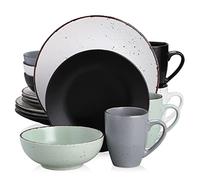 vancasso MODA Servizio da tavola, set combinato da 16 pezzi in porcellana con piatto piano, piatto da dessert, ciotola di cereali e tazza, stoviglie nero bianco grigio ciano, servizio per 4
