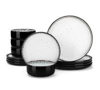 vancasso PLAYA - Set di piatti e ciotole, 12 pezzi, in gres, set di stoviglie da cucina moderno, servizio per 4 persone, lavabile in lavastoviglie e adatto al microonde, bianco latte