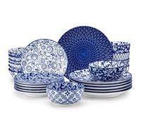 vancasso SELENE Servizio Piatti 24 Pezzi per 6 Persone - Piatti Moderni in Porcellana Stile Cinese Blu e Bianco - 6 Piatti Piani, da Dessert, Fondi e Ciotole - Adatti a Lavastoviglie e Microonde
