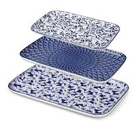 vancasso SELENE Set di 3 Piatti da Portata Rettangolari - 40,7/36/30,8 cm - Stile A Cinese Orientale Blu e Bianco - Piatti per Dessert, Antipasti e Insalata - Adatti al Microonde