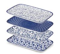 vancasso SELENE Set di 4 Piatti da Portata Rettangolari - 30,8 cm - Piatti per Dessert, Antipasti e Insalata, Adatti al Microonde - Stile A Cinese Orientale Blu e Bianco