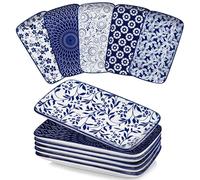 vancasso SELENE - Set di 6 Piatti Rettangoli in Ceramica - 22 x 13 cm Piccoli Piatti Piani per Dessert,Sushi,Antipasti - Adatti a Microonde, Forno e Lavastoviglie - Stile Blu e Bianco Orientale B