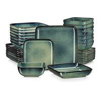 Vancasso, Servizio di stoviglie quadrate Stern di colore verde, 32 pezzi, in grès porcellanato, con piatti piani, piatti da dessert, ciotole e piatti fondi, servizio per 8 persone