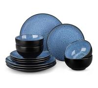vancasso Servizio Piatti da 12 Pezzi in Gres per 4 Persone, Servizio da Tavola con 4 Piatti Piani, 4 Piatti da Dessert e 4 Ciotole per Cereali, Stile Vintage Blu, Serie BUBBLE
