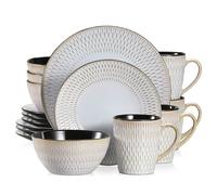 Vancasso Set da tavola in gres goffrato beige da 16/32 pezzi con 4 pezzi per cena/piatto da dessert/tacca da zuppa/tazza per servizio 4/8/12