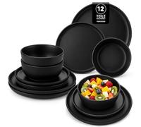 vancasso Set da tavola nero per 4 persone, 12 pezzi, elegante set di stoviglie con smalto opaco, stile moderno, set di piatti e ciotole Playa, lavabile in lavastoviglie e adatto al microonde