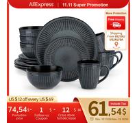 vancasso Set di piatti in ceramica in rilievo da 16/32 pezzi set di stoviglie eleganti nere con piatto da pranzo da 4/8 pezzi/Dessert/ciotola di cereali/tazza