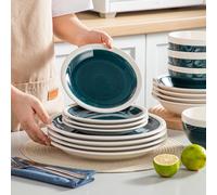 Vancasso Set di stoviglie in gres di colore verde da 16/32 pezzi con 4 piatti per cena/dessert, ciotola per cereali/paste per 4/8 persone