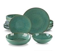 Vancasso Set di stoviglie in gres goffrato verde da 16/32 pezzi con 4 pezzi per cena/piatto da dessert/tacca da zuppa/tazza per 4/8/12