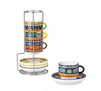 vancasso Tazzine da Espresso Set da 4, 90 ml Tazze da Caffè con Piattini e Supporto Metallico, Impilabili in Ceramica Spessa, Lavabile in Lavastoviglie - Collezione KRVI, Stile Bohemien