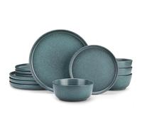 vancasso ZERMATT Set Piatti 4 Persone, 12 Pezzi Servizio Piatti in Gres, Set Piatti Moderni Include 4 Piatti Piani, 4 Piatti da Dessert e 4 Ciotole per Cereali, Blu-Verde Fumé