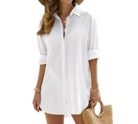 Vancavoo Copricostume Donna Mare Camicia Lunga Estiva Cotone Camicetta Scollo a V Copri Costume da Spiaggia Sciolti Casual Bikini Cover Up,Bianco,M