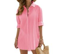 Vancavoo Copricostume Donna Mare Camicia Lunga Estiva Cotone Camicetta Scollo a V Copri Costume da Spiaggia Sciolti Casual Bikini Cover Up,Rosa,L