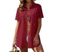 Vancavoo Copricostume Donna Mare Maxi Camicia Lunga Cotone Abito Camicia Estivo Copri Costume da Spiaggia Sciolti Casual Bikini Cover Up,Vino Rosso,L