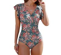 Vancavoo Costume Intero Donna Costumi da Bagno Push Up Scollo a V Curvy Eleganti Maniche con Volant Beachwear Swimsuit Spiaggia Estate，Stampa Arancione，S