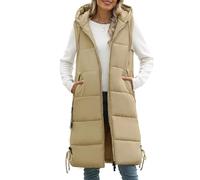 Vancavoo Gilet Lungo Donna Invernale Caldo Smanicato con Cappuccio Piumino Giacca Senza Maniche Imbottito Cappotto Gilet Leggeri con Zip,Cachi,XXL