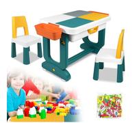 VANCHEMO Tavolo per bambini multifunzione con sedie e 300 mattoncini in plastica, con spazio di archiviazione, tavolo double face, ideale per ragazzi e ragazze