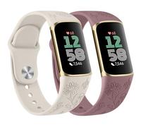 Vancle 2 PACK Braccialetti per Fitbit Charge 6 Braccialetto/Fitbit Charge 5 Cinturino per Uomo Donna Silicone Braccialetti Silicone Fiore Inciso Cinturino di Ricambio Regolabile Sport