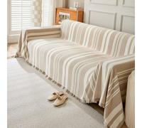 VanderHOME Copridivano elasticizzato a 2 3 4 posti, Coperta per divano resistente alle macchie, Coperta per divano per tutte le stagioni con frangia delicata 180 * 340cm-Cachi