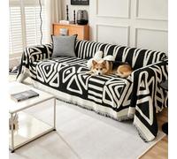 VanderHOME Copridivano in Ciniglia Stile Boho, Coperta Decorativa Multifunzionale, Foulard Copridivano, Adatta per divano, Letto, Poltrona, per tutte le stagioni con frangia 180 * 130cm-Nero
