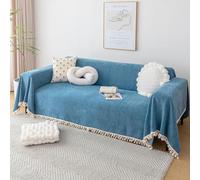 VanderHOME Copridivano in Colori Puri - Telo Divano Antimacchia, Foulard Copridivano Morbida Con Nappe Decorative, Traspirante e Leggera Per Divano, Letto e Viaggio 230 * 260cm-Blu