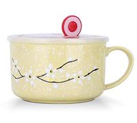 VanEnjoy - Set di ciotole in ceramica con coperchio e manico, motivo fiori di ciliegio tra fiocchi di neve, forno a microonde per noodle sara, ciotola per cereali