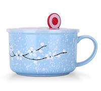 VanEnjoy - Set di ciotole in ceramica con coperchio e manico, motivo fiori di ciliegio tra fiocchi di neve, forno a microonde per noodle sara, ciotola per cereali