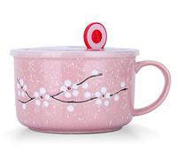 VanEnjoy - Set di ciotole in ceramica con coperchio e manico, motivo fiori di ciliegio tra fiocchi di neve, forno a microonde per noodle sara, ciotola per cereali