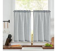 Vangao Tende per Interni a Righe in Misto Lino Blu Tende Cucina Corta Moderne 65 x 90 cm 2 pezzi Finestra Soggiorno Salotto Bistrot Country Rustico Camera da letto Semitrasparenti con passanti