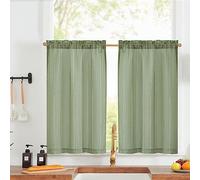 Vangao - Tendine a strisce, stile moderno, per cucina, in lino, colore verde, stile rustico, tende corte da bistrò, set da 2 pezzi, 65 cm x 60 cm (larghezza x altezza), con asta, per soggiorno e