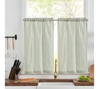 Vangao Tendine per finestra in lino verde, a righe, semitrasparenti, per cucina, 65 x 90 cm (larghezza x altezza)