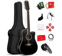 Vangoa Chitarra a 12 corde, chitarra acustica a spalla mancante, per adulti principianti, top in abete, dado in osso, nero opaco