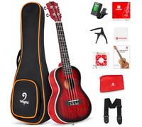 Vangoa Kit per ukulele con custodia da concerto, in mogano, 58 cm, per principianti e adulti, professionale, in legno hawaiano, colore rosso