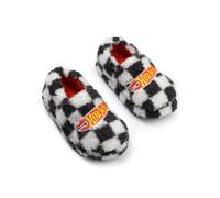 Vanilla Underground Pantofole slip-on da bambino Hot Wheels a scacchi bianchi e neri da casa in pile con fodera rossa e logo ricamato | Abbigliamento quotidiano per bambini in casa