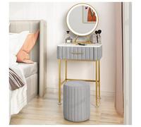 Vanità compatta per il trucco con specchio rotondo e luce LED, elegante toeletta con sgabello imbottito, cassetto in legno massello per spazi limitati (70 x 40 x 75 cm)