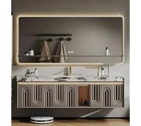 Vanità del bagno con lavandino, design galleggiante, include specchio antiappannamento intelligente LED, piano di lavoro in marmo, armadio in legno massello, luce sensore e cassetti portaoggetti