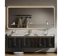 Vanità del bagno con lavandino, design galleggiante, include specchio antiappannamento intelligente LED, piano di lavoro in marmo, armadio in legno massello, luce sensore e cassetti portaoggetti