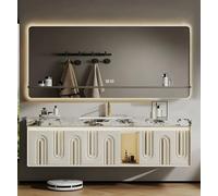 Vanità del bagno con lavandino, design galleggiante, include specchio antiappannamento intelligente LED, piano di lavoro in marmo, armadio in legno massello, luce sensore e cassetti portaoggetti