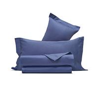 VANITA' DI RASO Completo letto Lenzuola di Raso una Piazza e Mezza Francese, Made in Italy, Lenzuolo Piano 220x290cm + Lenzuolo Sotto con Angoli 140x190cm + 2 Federe a 2 Volani 50x80cm - Blu
