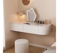 Vanità galleggiante per trucco da parete, comò sospeso ad angolo bianco, toletta galleggiante a parete con contenitore, piccola scrivania in legno con specchio e luci, comodino vanità con ripiano