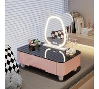 Vanità moderna con specchio e cassetti, elegante toeletta per camera da letto e soggiorno, design innovativo con piano in vetro, salvaspazio, colore rosa chiaro, perfetto per piccole stanze