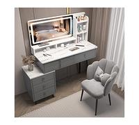 Vanità moderna e minimalista con specchio, piccolo armadietto per il trucco telescopico con cassetto e contenitore, include sedia grigia, perfetta per gli amanti della bellezza