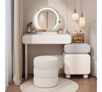Vanità moderna e semplice in legno per donne e ragazze, specchio illuminato a LED con 3 colori, facile da montare, tavolo da toeletta da 60 cm con sgabello per camera da letto